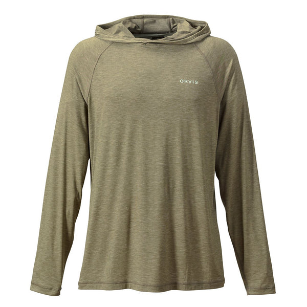 Green hooded shirt with 'Orvis' logo on a white background
