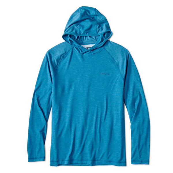 blue hoodie with Orvis logo on white background