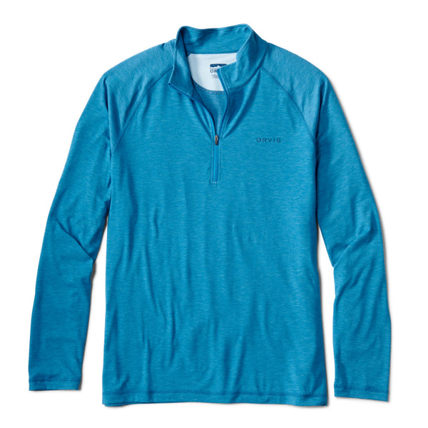 blue half-zipped jumper with orvis logo on white background
