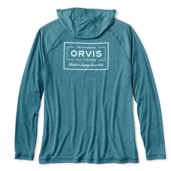 dark green hoodie with white Orvis logo on the back