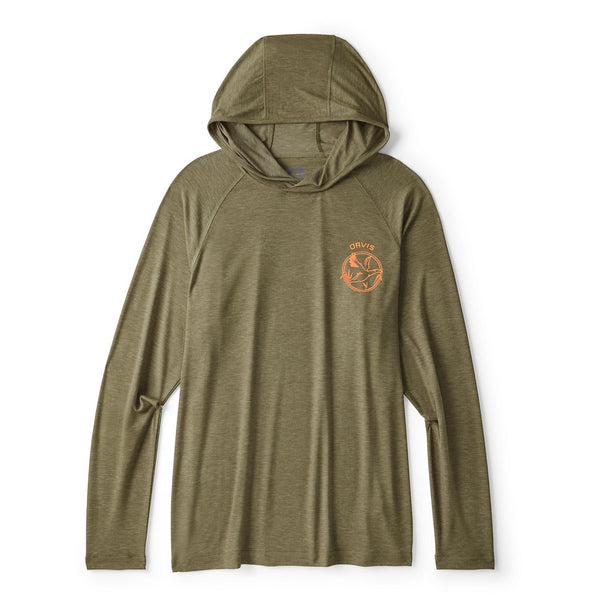 Green hoodie with a logo on the chest against a white background
