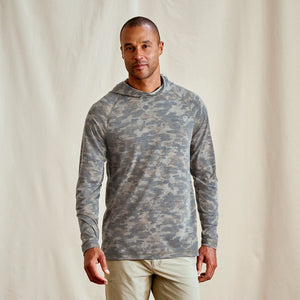 Man wearing a camouflage hoodie against a plain background