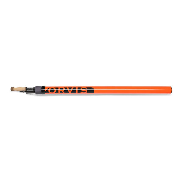 Orange fishing rod with 'Orvis' branding on a white background