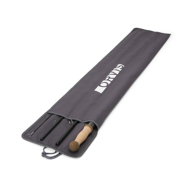 Grey carrying case with fly rod inside on a white background
