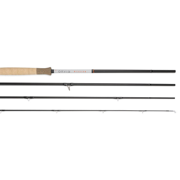 Fly fishing rod with four sections on a white background
