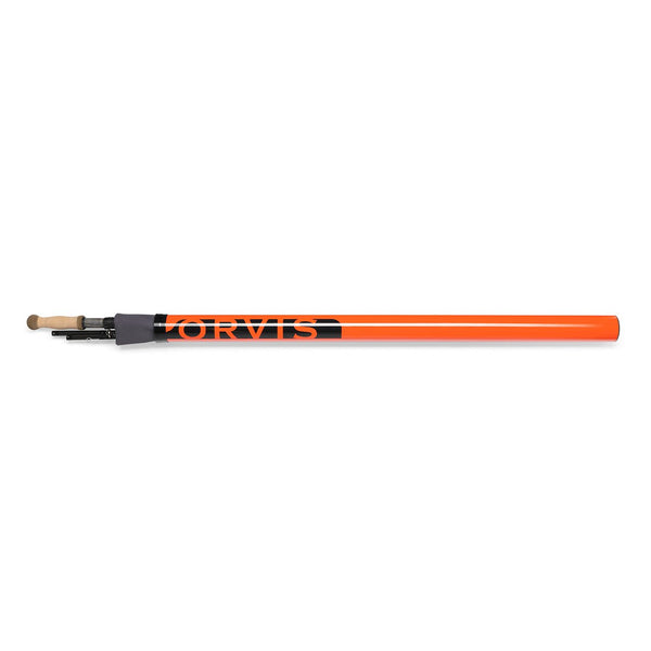 Orange fly fishing rod with black handle on a white background
