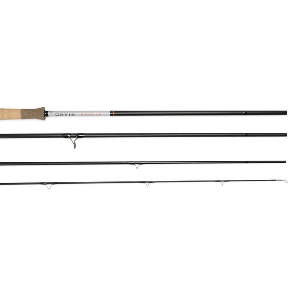 Fly fishing rod with four sections on a white background