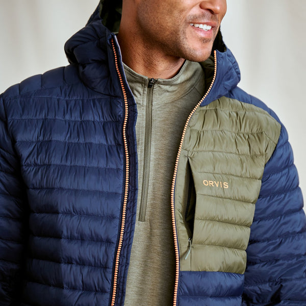 closeup of man wearing dark blue winterjacket