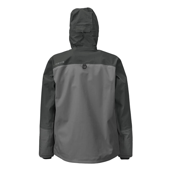 product image of backside of grey and black waterproof jacket
