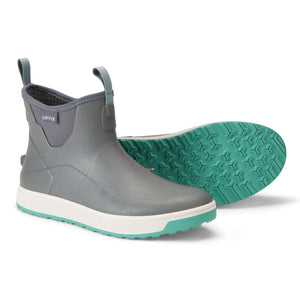 grey wading boots with green soles