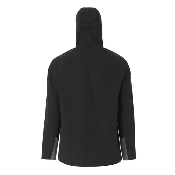 back of black jacket on white background