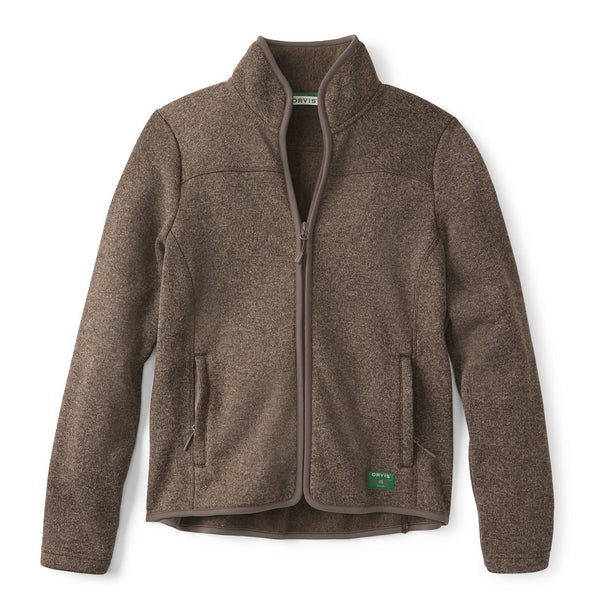 Brown fleece jacket with a brand logo on a white background