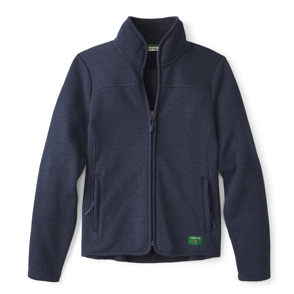 Navy blue jacket with a green label on a white background