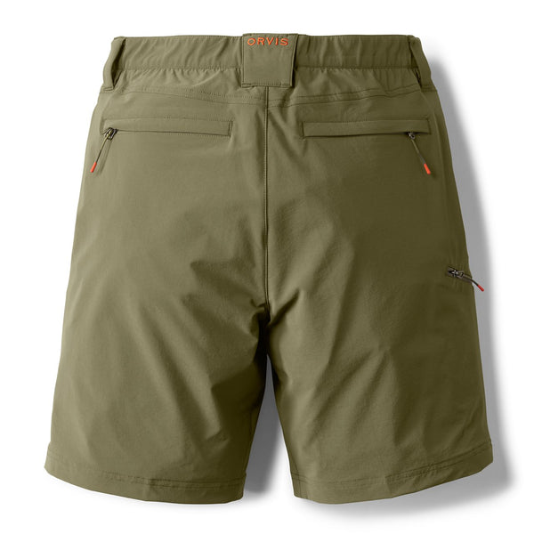 backside of military green shorts with two back pockets