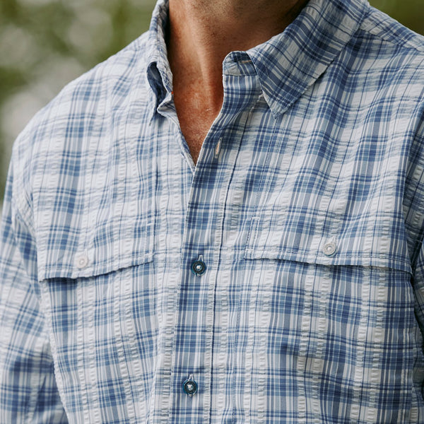 close up of blue and white shirt