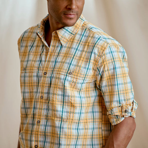 closeup of Orvis shirt worn by a man