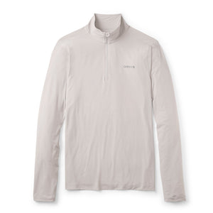 light grey half zipped long sleeve shirt with Orvis logo on white background