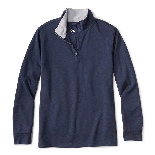 Navy long-sleeve shirt with grey collar on a white background