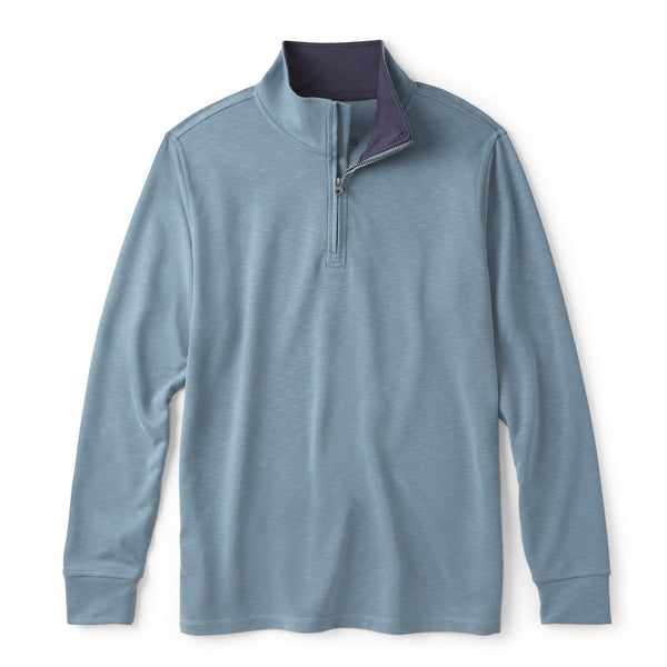 Blue long-sleeve shirt with purple collar on a white background