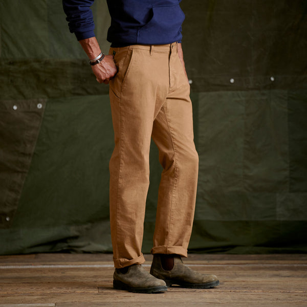 man modelling brown trousers from Orvis