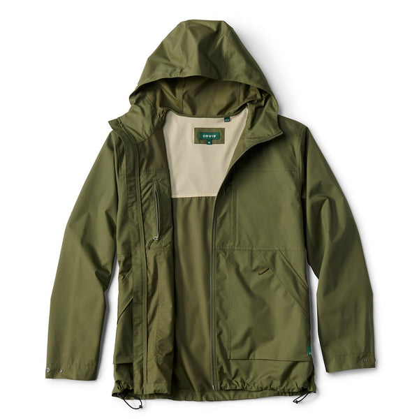 Green raincoat with a hood on a white background