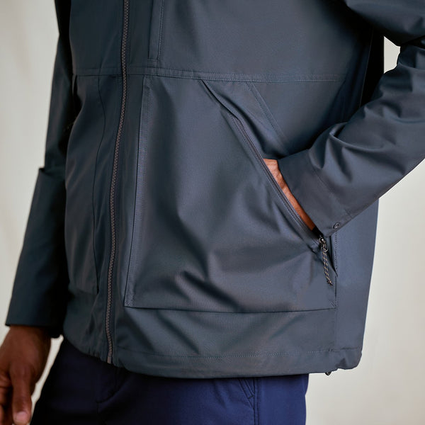 Person wearing a dark blue jacket with a neutral background