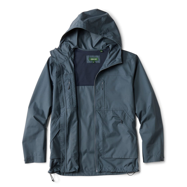 Dark grey raincoat with a hood on a white background