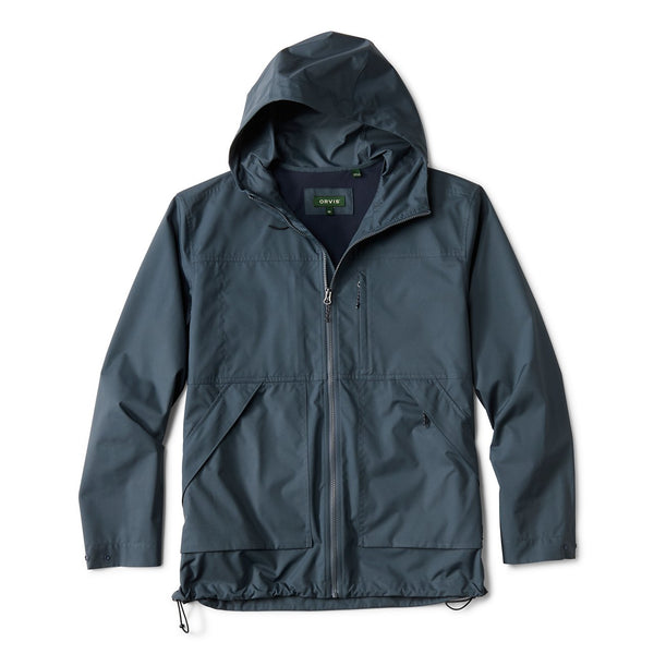 Dark grey raincoat with a brand logo on a white background