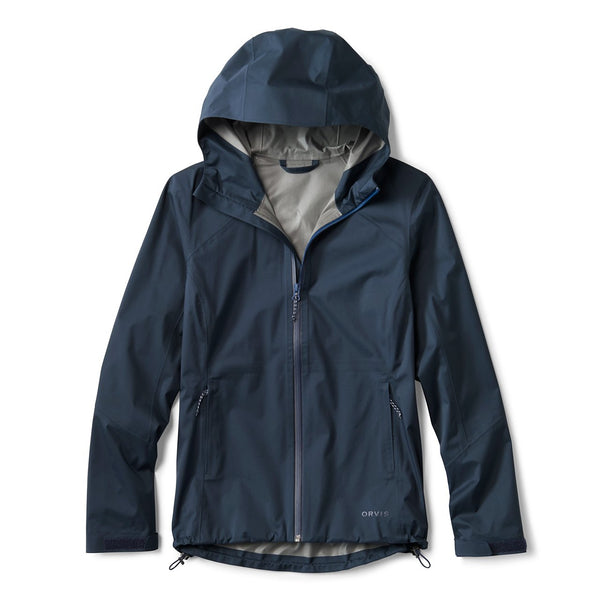 Navy blue rain jacket with a hood on a white background