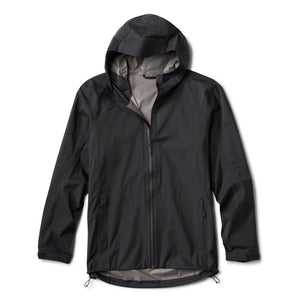 Black rain jacket with a hood on a white background