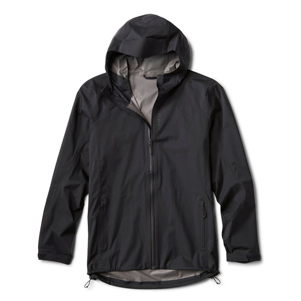 Black rain jacket with a hood on a white background