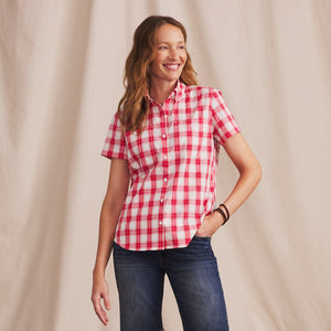 woman wearing red and white checkered shirt