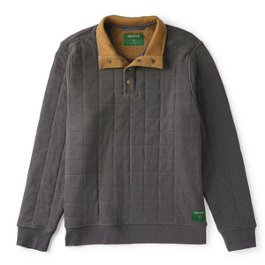Gray quilted pullover with brown collar and green label on a white background