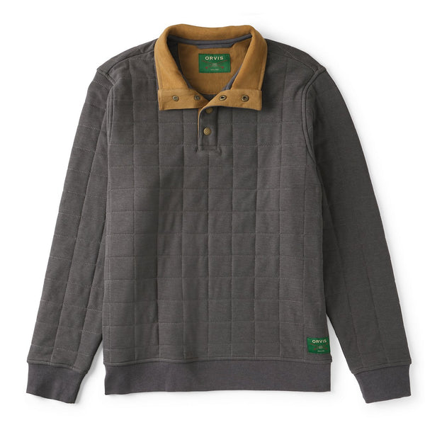 Gray quilted pullover with brown collar and green label on a white background