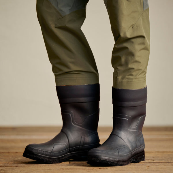 closeup of grey wading boots