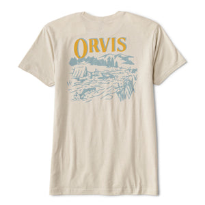 beige t-shirt with Orvis logo