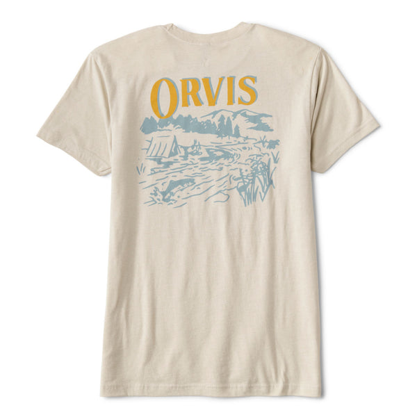 beige t-shirt with Orvis logo