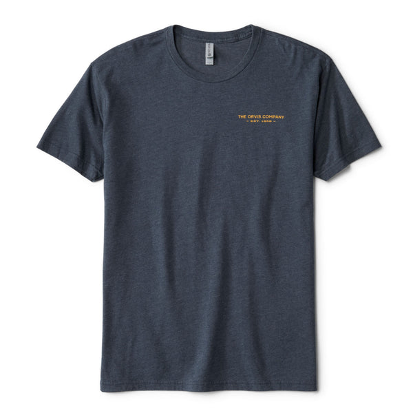 dark grey t-shirt with orvis logo in yellow