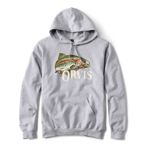 grey hoodie with Orvis logo and image of fish on the chest