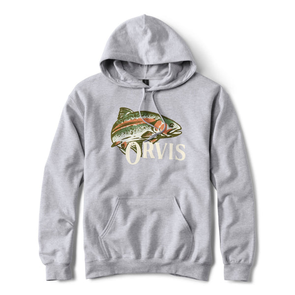 grey hoodie with Orvis logo and image of fish on the chest