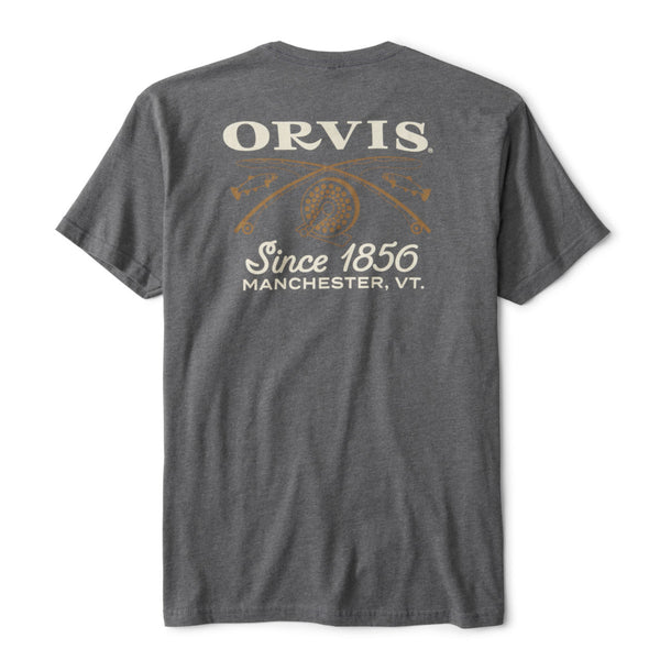 back of dark grey t-shirt for men with large Orvis logo