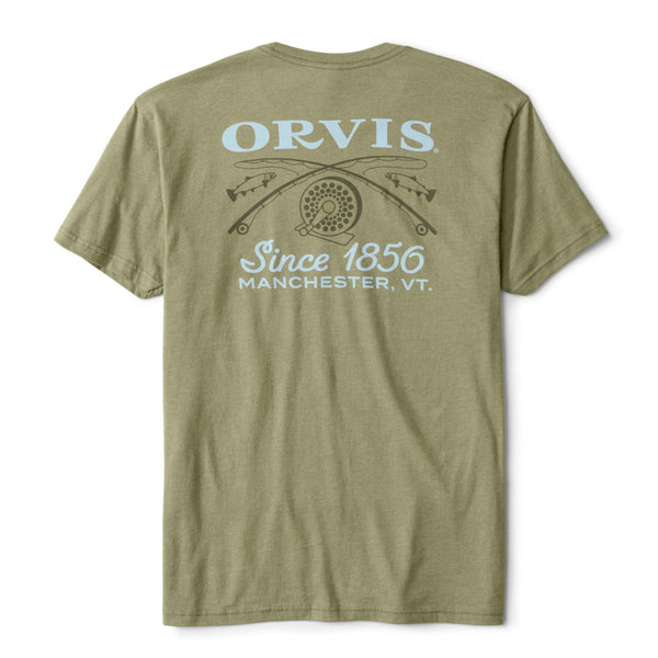 back of green t-shirt for men with large Orvis logo in white