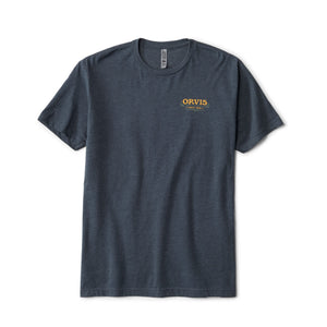 dark blue t-shirt with yellow Orvis logo