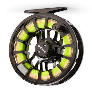 black Orvis reel on white background