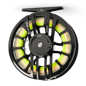 black Orvis reel on white background