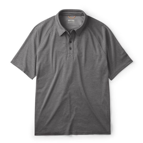 Grey polo shirt from Orvis on white background
