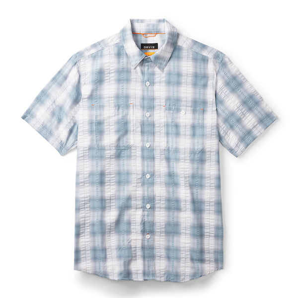 ligh blue and white checkered shirt on white background