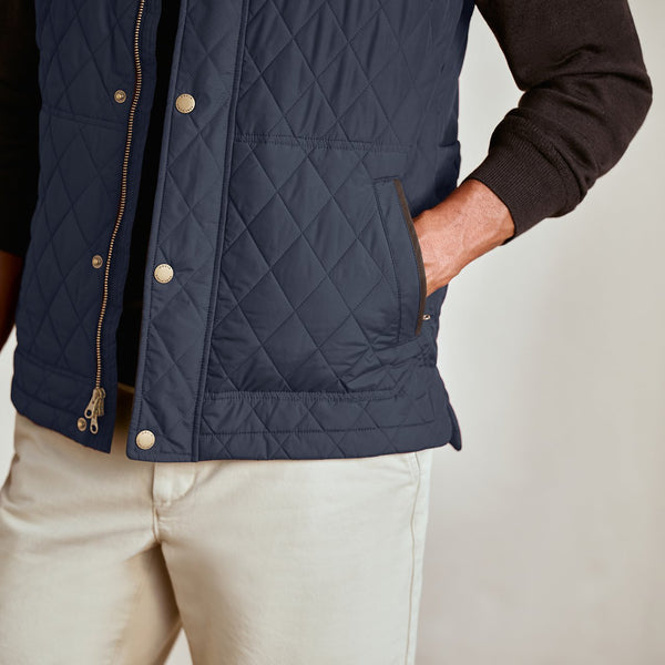 closeup of blue gilet with hand in pocket