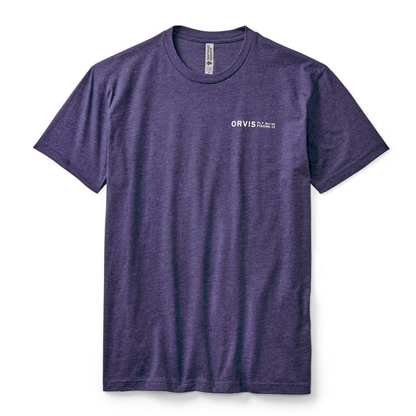 blue T shirt with Orvis logo on white background