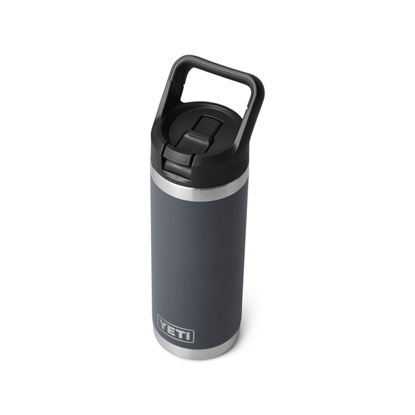 Gray YETI water bottle with black lid on a white background